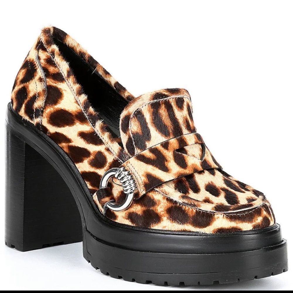 Leopard Print Faux Calf Hair Platform Loafers - Picture 1 of 6